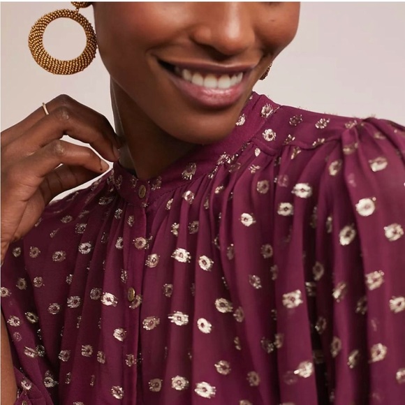 Moulinette Soeurs by Anthropologie Allegra Blouse Burgundy with Gold Foil - Picture 3 of 9